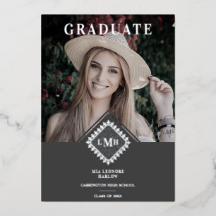 Photo Graduation Chic Initial Lace Effect Romantic Foil Invitation