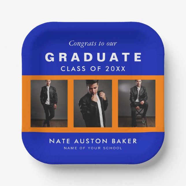 Photo Graduation Collage Graduate Orange and Blue Paper Plates (Front)