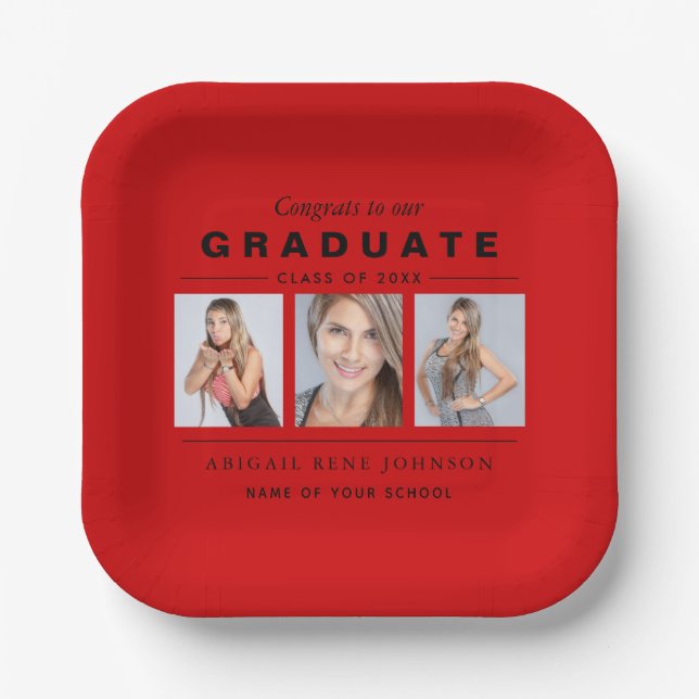 Photo Graduation Collage Graduate Red Black Paper Plates (Front)