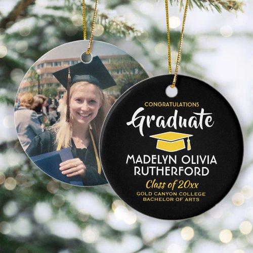 Photo Graduation Congrats Black Gold Yellow White Ceramic Ornament