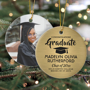 Photo Graduation Congrats Brushed Black and Gold Ceramic Ornament