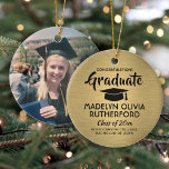 Photo Graduation Congrats Brushed Black and Gold Ceramic Ornament<br><div class="desc">Commemorate the graduate's achievement with a custom photo black and gold round graduation Christmas ornament. Picture and all text are simple to customize. Include school name and degree, congratulations, thanks mom and dad, or other message of your choice. Design features a gold faux brushed metallic background, black graduation cap, personalized...</div>