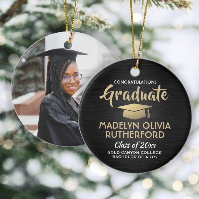 Photo Graduation Congrats Brushed Black Gold White Ceramic Ornament (Creator Uploaded)