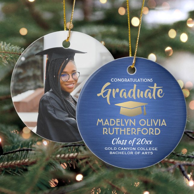 Photo Graduation Congrats Brushed Blue Gold White Ceramic Ornament (Creator Uploaded)