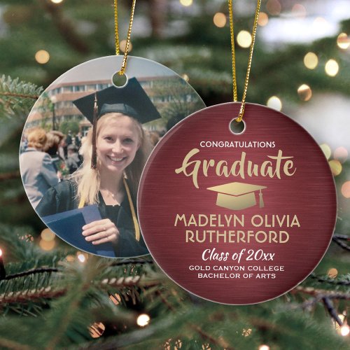 Photo Graduation Congrats Brushed Burgundy  Gold Ceramic Ornament