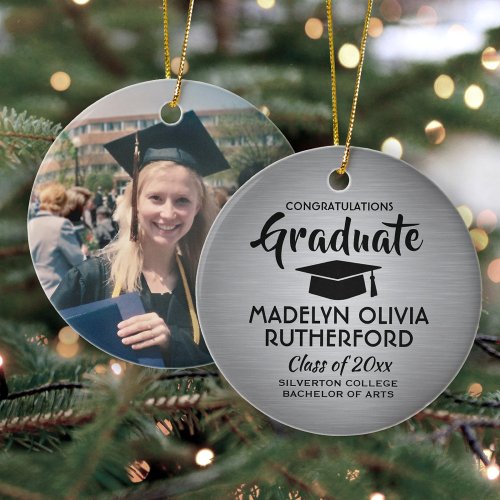 Photo Graduation Congrats Brushed Faux Stainless Ceramic Ornament