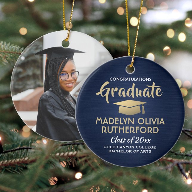 Photo Graduation Congrats Brushed Navy Gold White Ceramic Ornament (Creator Uploaded)