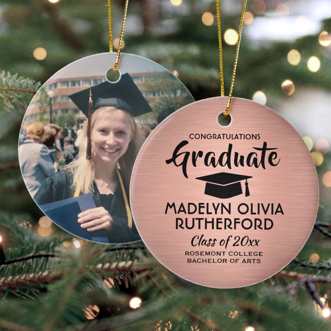 Photo Graduation Congrats Brushed Pink Rose Gold Ceramic Ornament (Creator Uploaded)