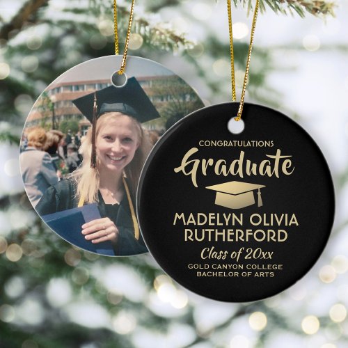 Photo Graduation Congrats Modern Black and Gold Ceramic Ornament