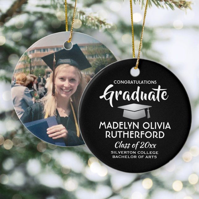 Photo Graduation Congrats Modern Black and White Ceramic Ornament (Creator Uploaded)