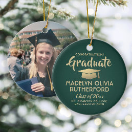 Photo Graduation Congrats Modern Green and Gold Ceramic Ornament