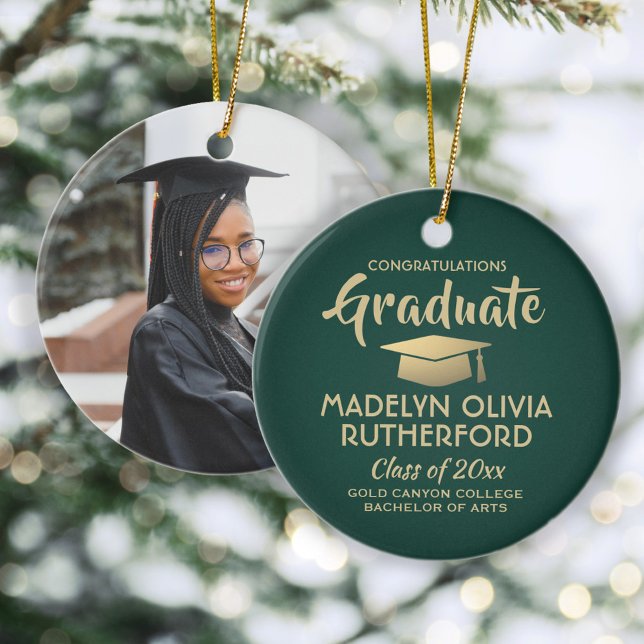 Photo Graduation Congrats Modern Green and Gold Ceramic Ornament (Creator Uploaded)