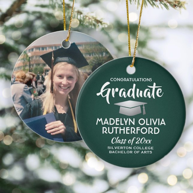 Photo Graduation Congrats Modern Green and White Ceramic Ornament (Creator Uploaded)