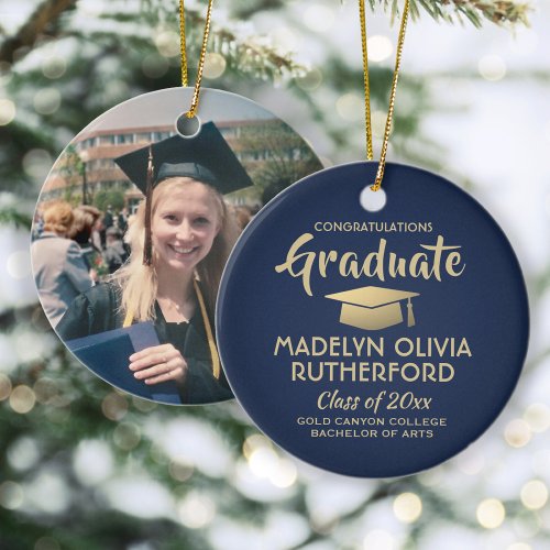 Photo Graduation Congrats Modern Navy Blue  Gold Ceramic Ornament