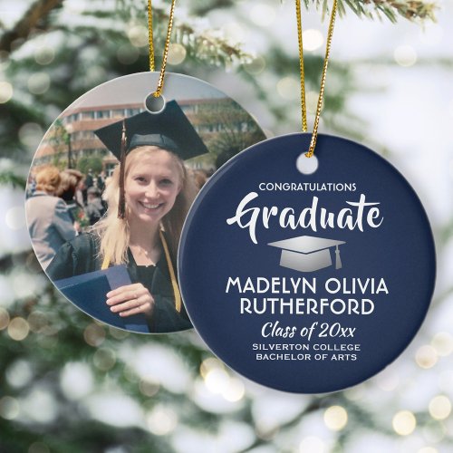 Photo Graduation Congrats Modern Navy Blue  White Ceramic Ornament