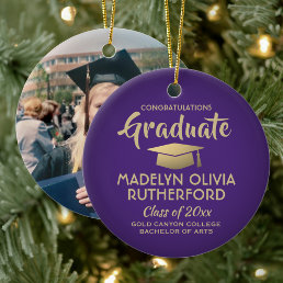 Photo Graduation Congrats Modern Purple and Gold Ceramic Ornament