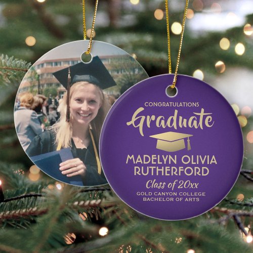 Photo Graduation Congrats Modern Purple and Gold Ceramic Ornament