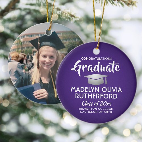 Photo Graduation Congrats Modern Purple and White Ceramic Ornament