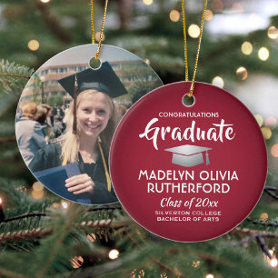 Photo Graduation Congrats Modern Red and White Ceramic Ornament