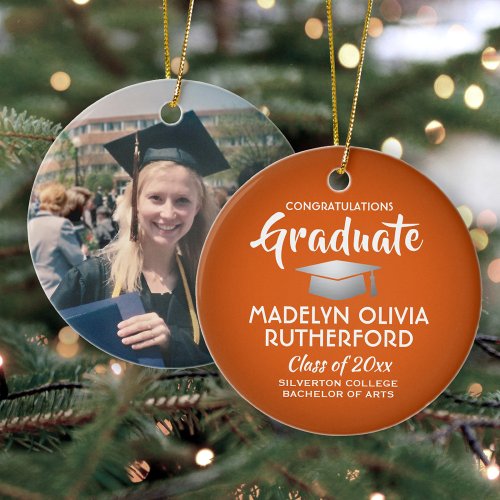 Photo Graduation Congrats Orange White and Silver Ceramic Ornament