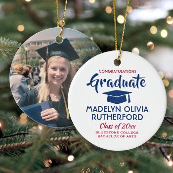 Photo Graduation Congrats Red White And Blue Ceramic Ornament by Memorable_Modern at Zazzle