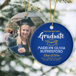 Photo Graduation Congrats Royal Blue Gold Yellow Ceramic Ornament<br><div class="desc">Commemorate the graduate's achievement with a custom photo royal blue and gold round graduation Christmas ornament. Picture and all text are simple to customize. Include school name and degree, congratulations, thanks mom and dad, or other message of your choice. Design features a blue background, yellow gold graduation cap, personalized modern...</div>