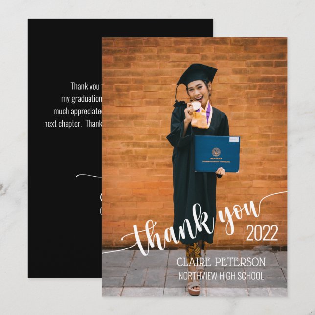 Photo Graduation Elegant Script Thank You Card (Front/Back)