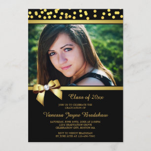 Photo Graduation Faux Gold Bow Confetti Black Invitation