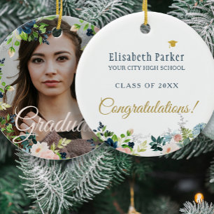 Photo graduation gold script class year elegant ceramic ornament