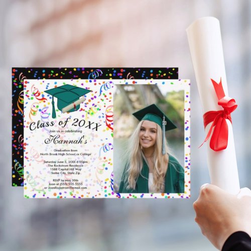Photo Graduation Green Cap Confetti Class of Party Invitation