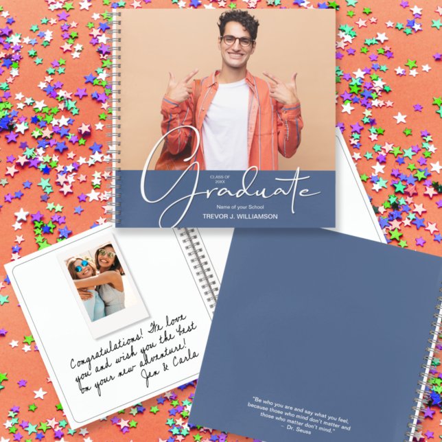 Photo Graduation Guest Book Keepsake (CHOOSE your page style, spine color, soft or hard cover and add a personal message on the back.)