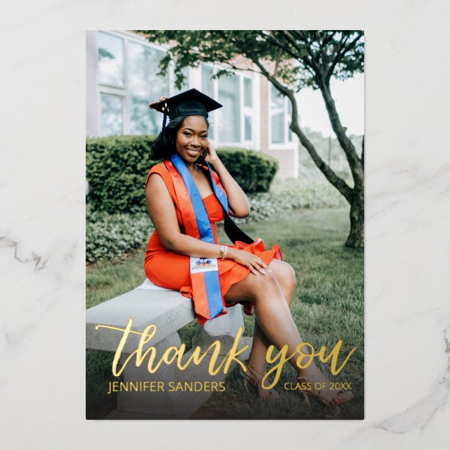 Photo Graduation Hat Calligraphy Thank You Foil Invitation (Front)
