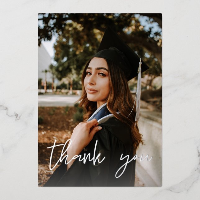 Photo Graduation Hat Chalkboard V Thank You Foil Invitation (Front)