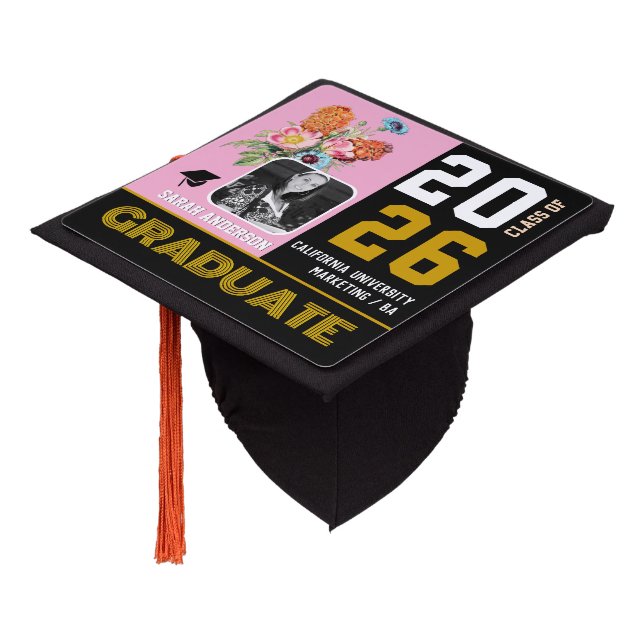 Photo Graduation Hat, Flower Pink Graduate, Modern Graduation Cap Topper (Angled)