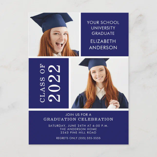 Photo Graduation Invitation ~Classy Blue & White Postcard | Zazzle