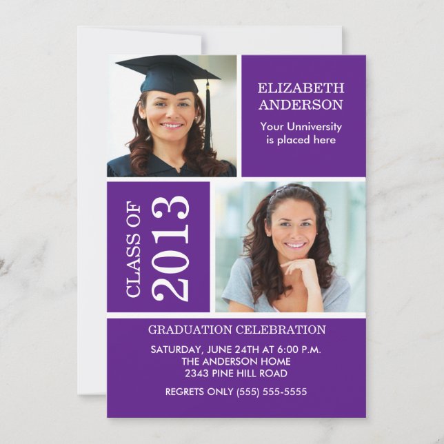 Photo Graduation Invitation ~Classy Purple & White (Front)