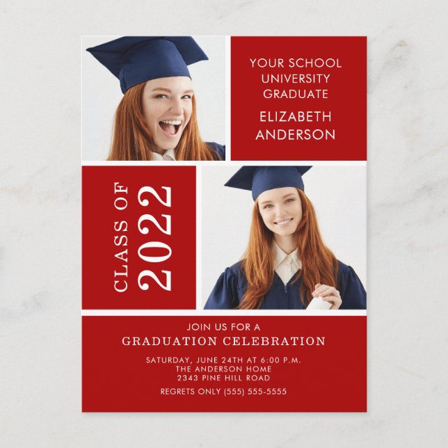 Photo Graduation Invitation ~Classy Red & White Postcard (Front)