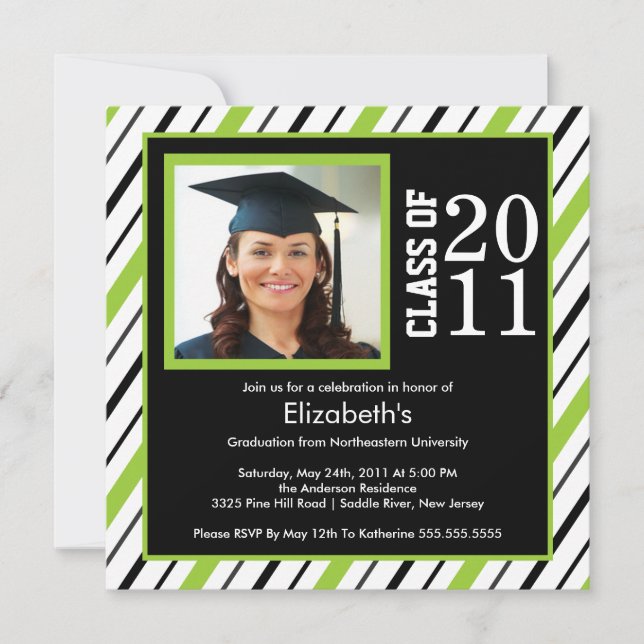 Photo Graduation Invitation Lime  Black Stripes (Front)