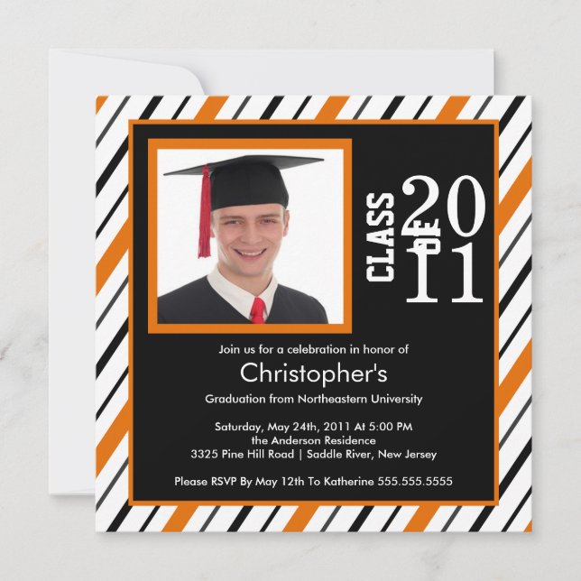 Photo Graduation Invitation Orange Black Stripes (Front)