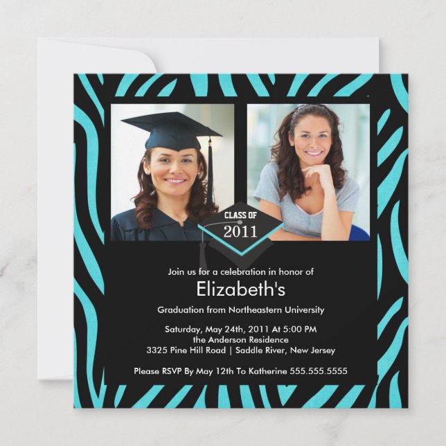 Photo Graduation Invitation Turquoise Zebra Print (Front)