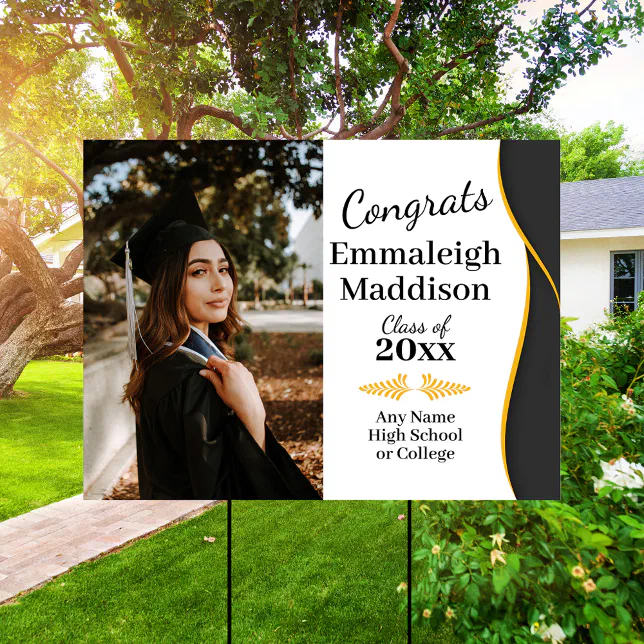Photo Graduation Modern Black Gold Yard Sign | Zazzle