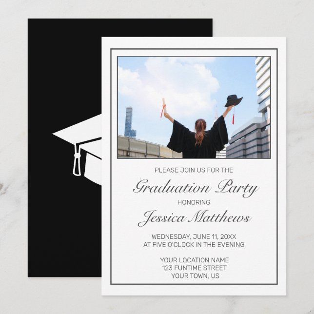 Photo Graduation Modern Minimalist White Black Invitation (Front/Back)