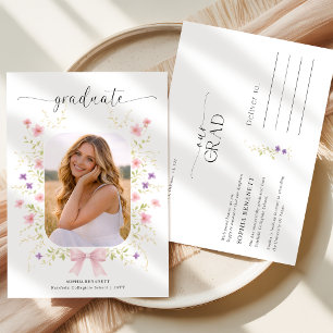 Photo Graduation Modern Pink Bow Announcement Postcard