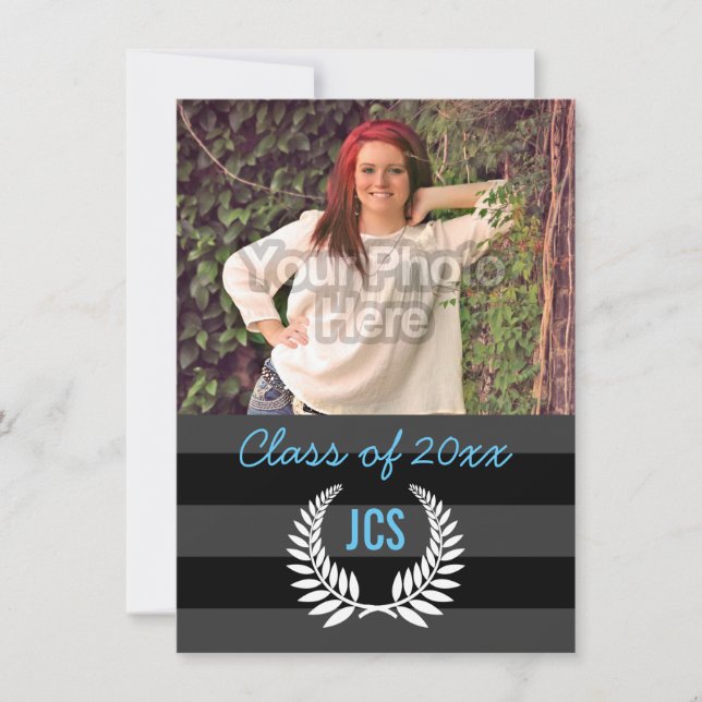 Photo Graduation Monogram Black Light Blue Preppy Invitation (Front)