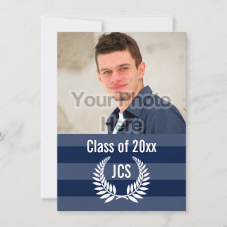Photo Graduation Monogram Laurel Blue Stripe Invitation