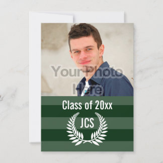 Photo Graduation Monogram Laurel Green Stripe Invitation