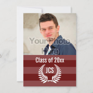Photo Graduation Monogram Laurel Red Maroon Stripe Invitation