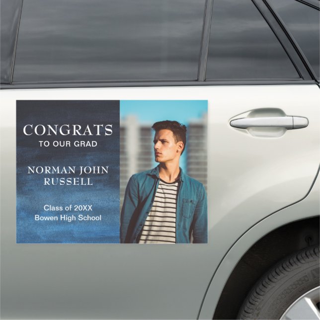 Photo Graduation Navy Blue Watercolor Guy Graduate Car Magnet (In Situ)