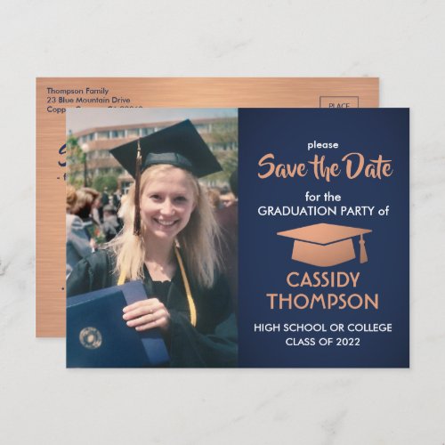 Photo Graduation Navy White  Copper Save the Date Postcard