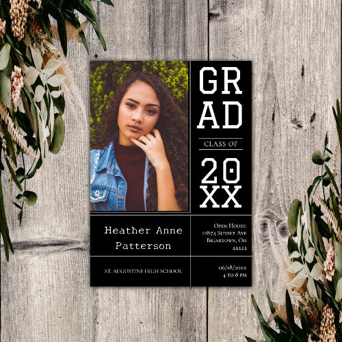 Photo Graduation Open House  Black Invitation